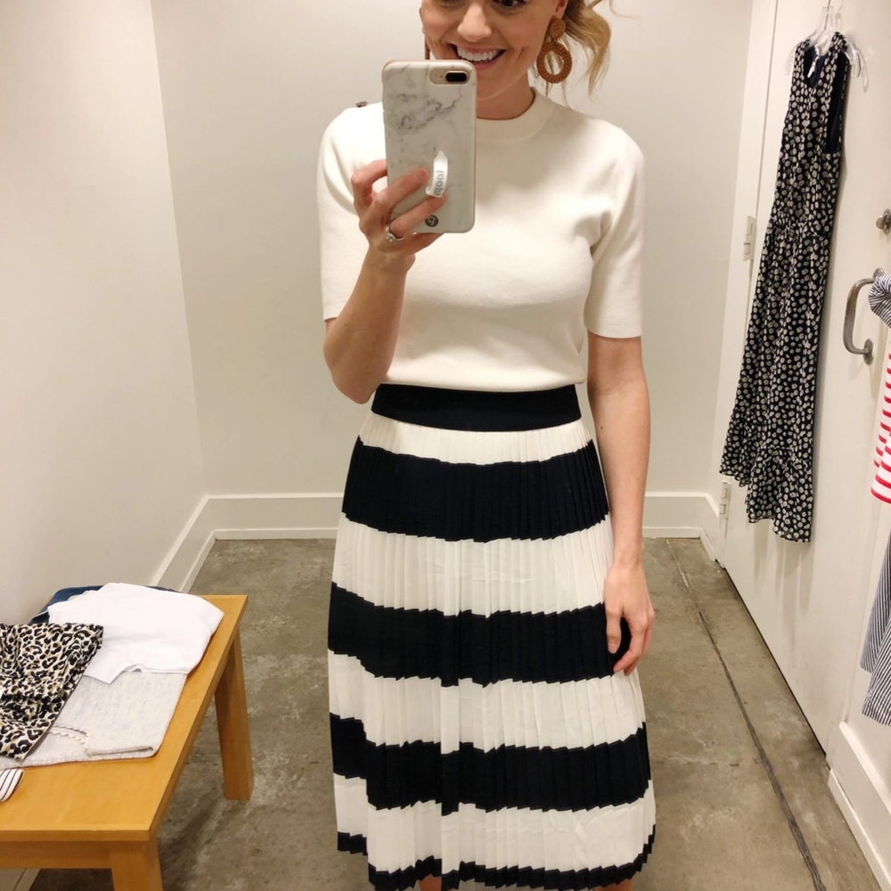 J. Crew Pleated Midi Skirt Navy & White Stripe